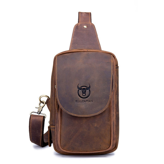 Leather retro shoulder bag with front flap and logo, brown distressed finish