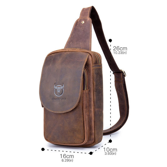 Brown leather crossbody bag with front flap, top handle, and side zipper pocket