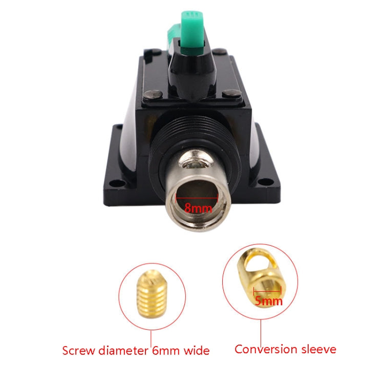 Circuit breaker switch with green button, black base, threaded metal output socket