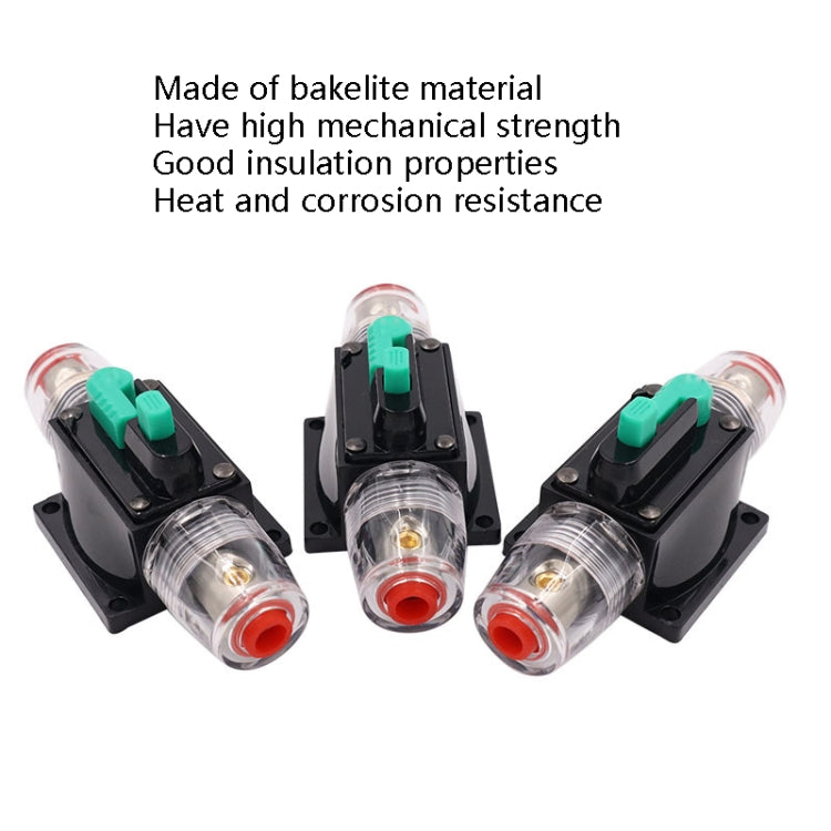 Set of circuit breaker switches with green buttons and clear cylindrical end caps