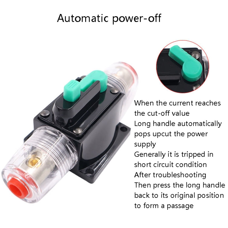 Automatic reset circuit breaker switch with green lever on black base and clear tube cover