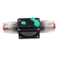 CB9 inline circuit breaker switch, green reset lever on black panel with clear safety cover