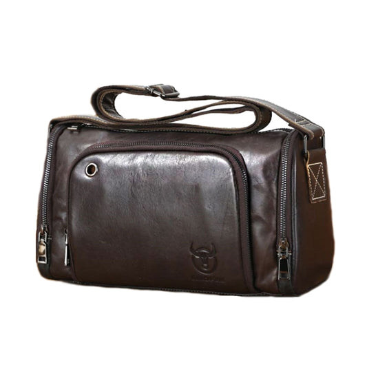 Dark brown leather messenger bag with front zip pocket and adjustable shoulder strap.