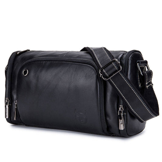 Black leather messenger bag with front zip pocket and adjustable shoulder strap.