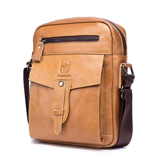 Men's tan leather shoulder messenger bag with front flap and zipper pocket