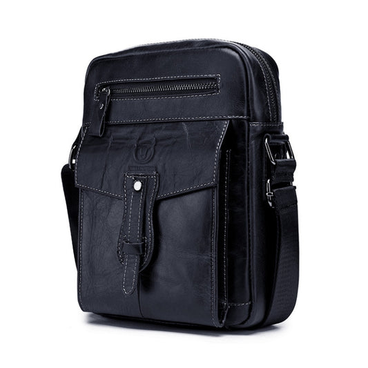 Men's black leather shoulder messenger bag with front flap and top zip pocket