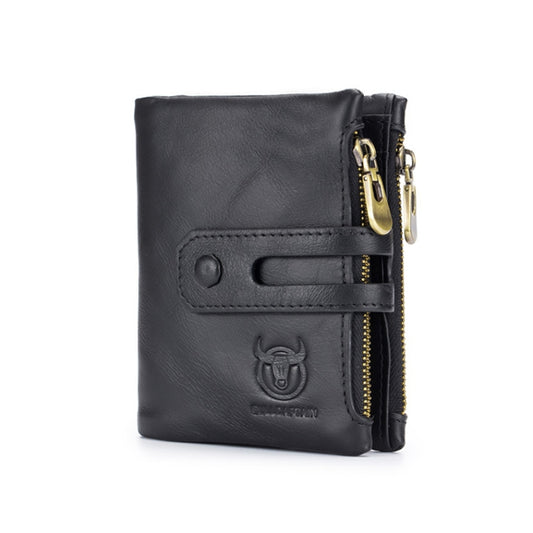 Black leather vertical wallet with front strap tab and gold double zipper hardware.
