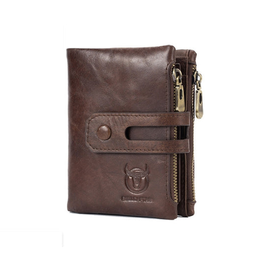 Brown leather vertical wallet with front strap tab, logo embossing, and gold zippers.
