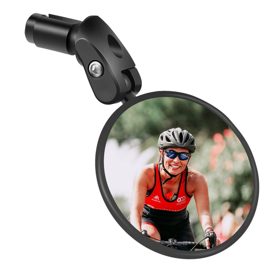 Foldable bicycle rear-view mirror with black clamp and round convex lens