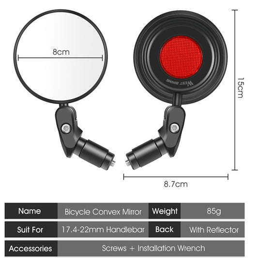 Bicycle convex mirror, round lens with black housing and red reflector disc