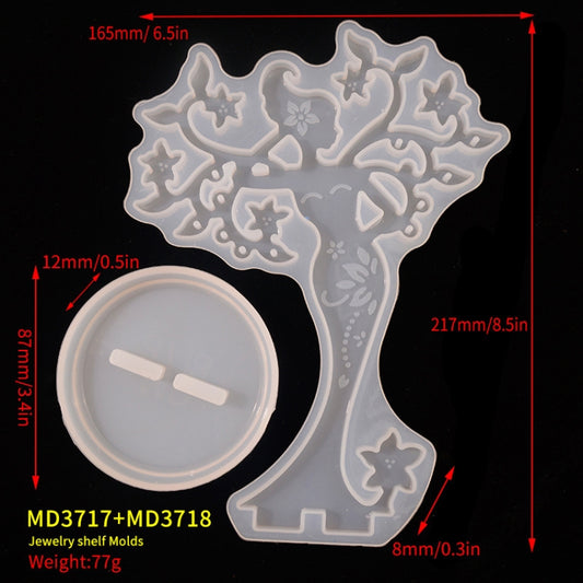 Epoxy tree jewelry mold with round resin disc and star flower cutouts