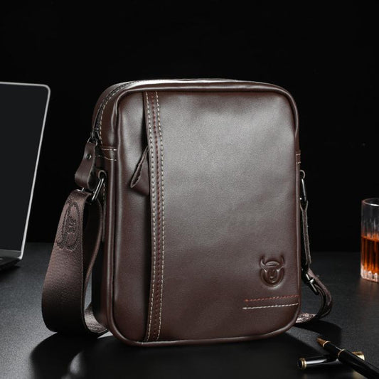 Men’s brown leather mini diagonal shoulder bag with zip top and stitched side panel