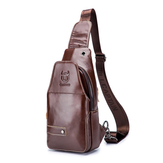 BUFF CAPTAIN men’s brown leather shoulder chest bag with adjustable strap and front pocket