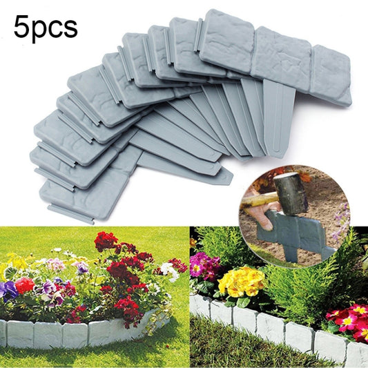 Gray imitation stone garden fence set, five snap-together plastic panels with stone texture