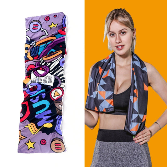 Quick-drying sports towel, purple with colorful cartoon astronaut graphic pattern.