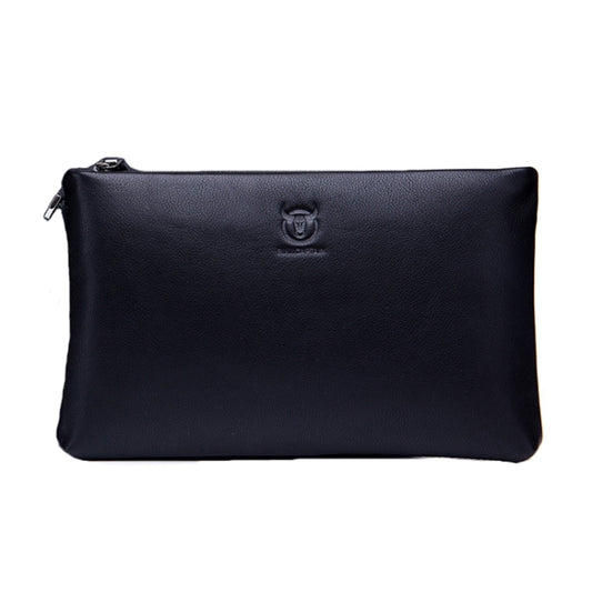 Black leather zip clutch bag with embossed emblem and short wrist strap.