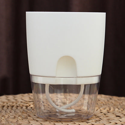 White transparent double-layer plastic flowerpot with water reservoir and top opening