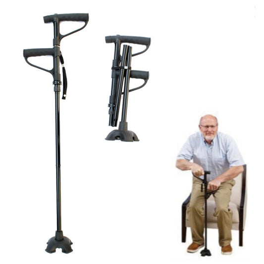 Four-leg folding walking crutches with double handles and dark padded grips