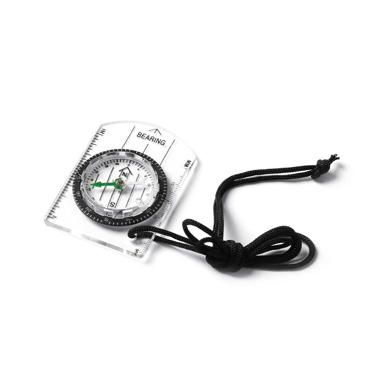 2-in-1 outdoor compass with transparent ruler base and black braided lanyard