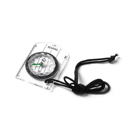 2-in-1 outdoor compass with transparent ruler base and black braided lanyard
