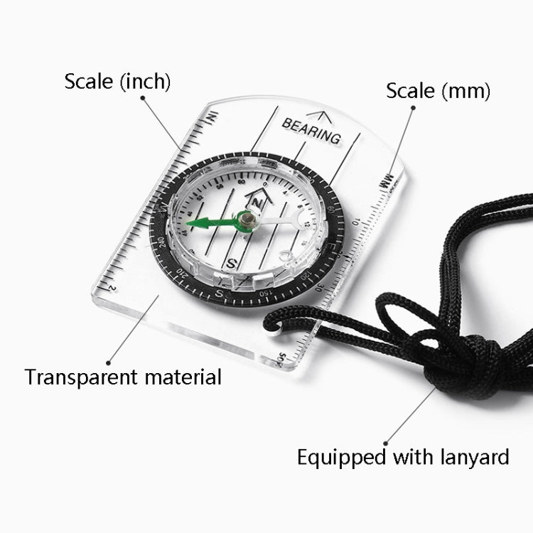 2-in-1 compass with clear plastic body, rotating dial, and built-in scales; lanyard