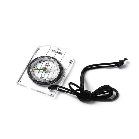 2-in-1 outdoor compass with transparent ruler base and black braided lanyard