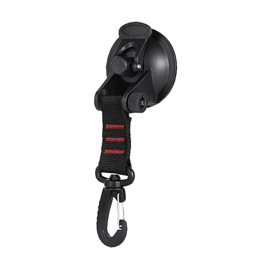 Red-and-black suction cup tent hook with adjustable strap and carabiner