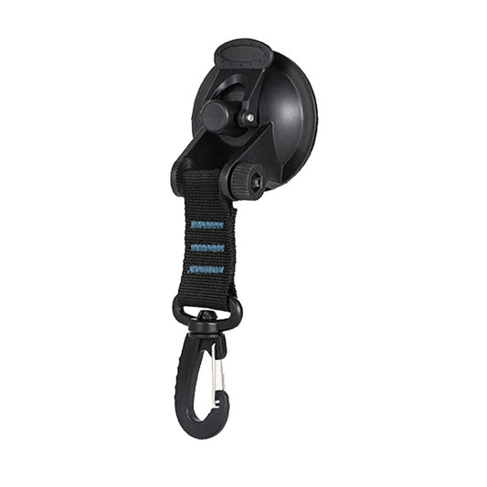 Blue-and-black suction cup tent hook with adjustable strap and carabiner