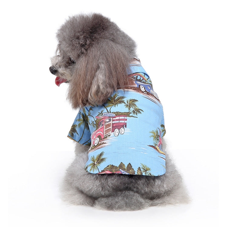 Light blue dog summer shirt with palm trees and red vehicle print