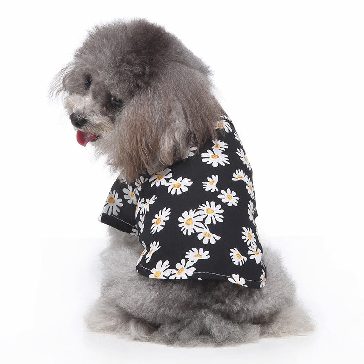 Dog summer shirt with black base and white daisy flower print