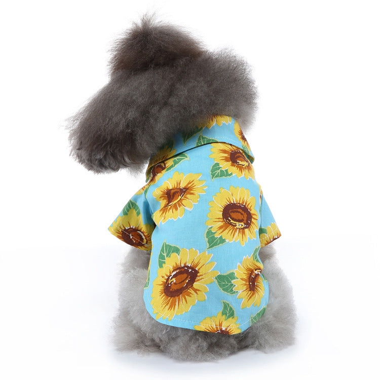 Dog beach shirt in blue with yellow sunflower print and short sleeves