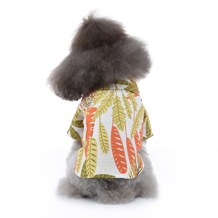 Dog beach shirt with tropical leaf print, white base