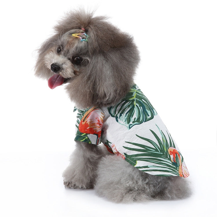 Dog beach shirt with green palm leaf print and red accents
