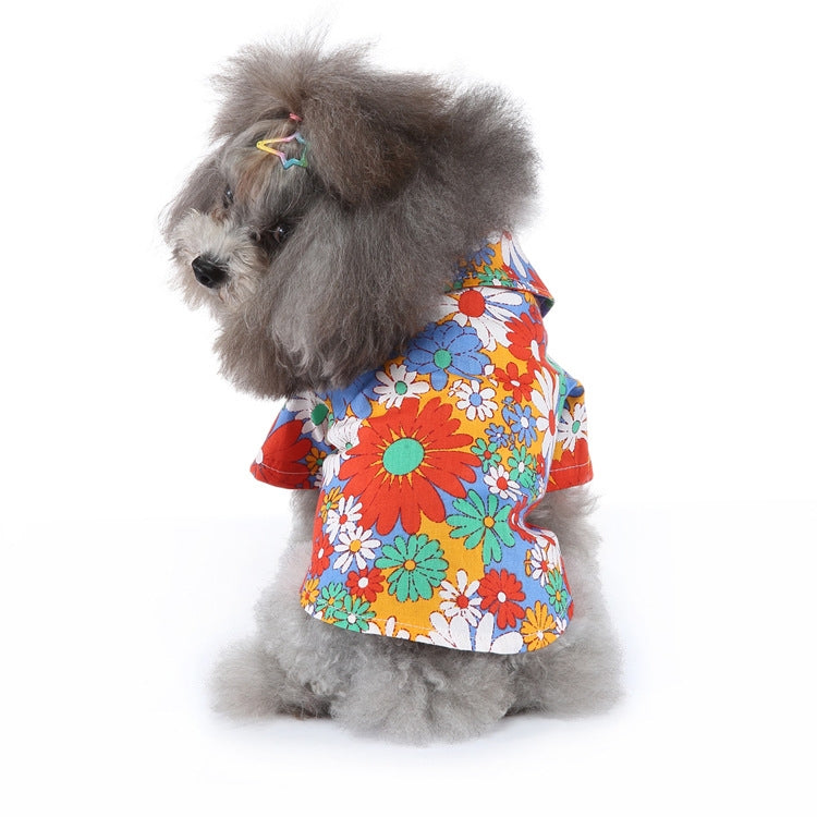 Dog beach shirt with bright floral print, orange and blue