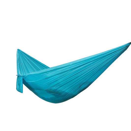 Turquoise nylon camping hammock with gathered end and suspension loop