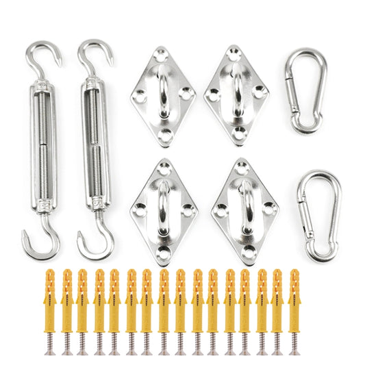 Stainless steel shade sail mounting set with hooks, diamond corner plates, and fasteners