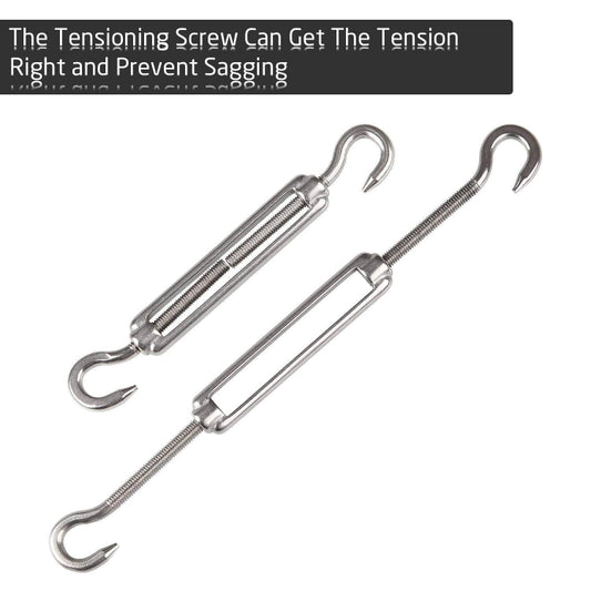 Pair of stainless steel tensioning screws with curved eye hooks for shade sails