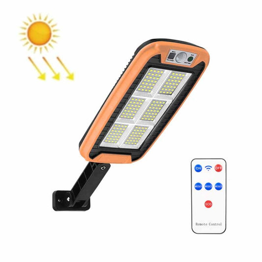 Orange solar wall light with LED panel and motion sensor, includes remote control