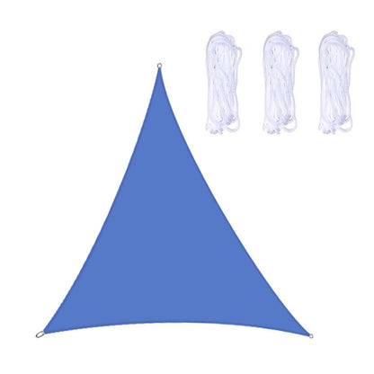 Blue triangular outdoor sunshade sail canopy with grommets and rope loops