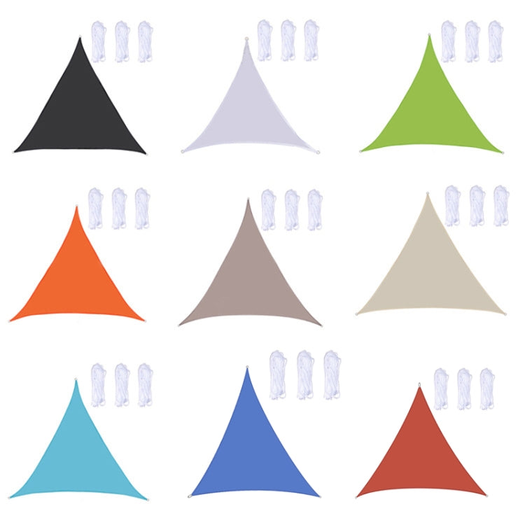 Assorted triangle sunshade sail canopies in black, white, green, orange, and blue colors