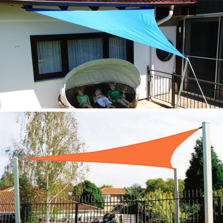 Outdoor triangle sunshade sails in blue and orange mounted on poles