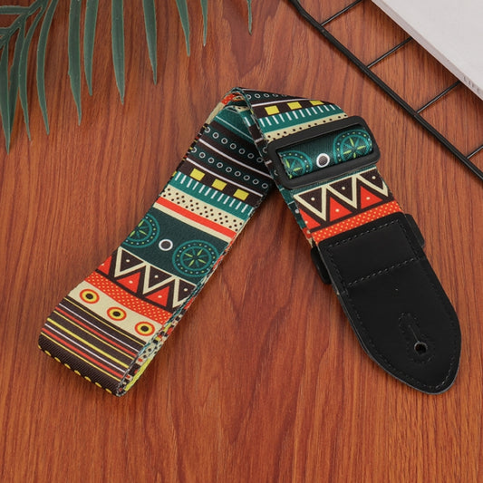 Printed ukulele guitar strap with multicolor tribal pattern and black leather ends