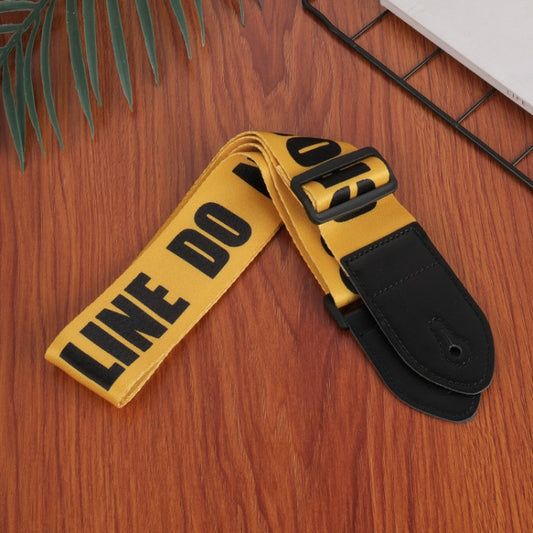 Yellow ukulele guitar strap with bold black LIVE lettering and black leather ends