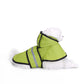 Green reflective dog raincoat poncho with black trim and gray stripe accents