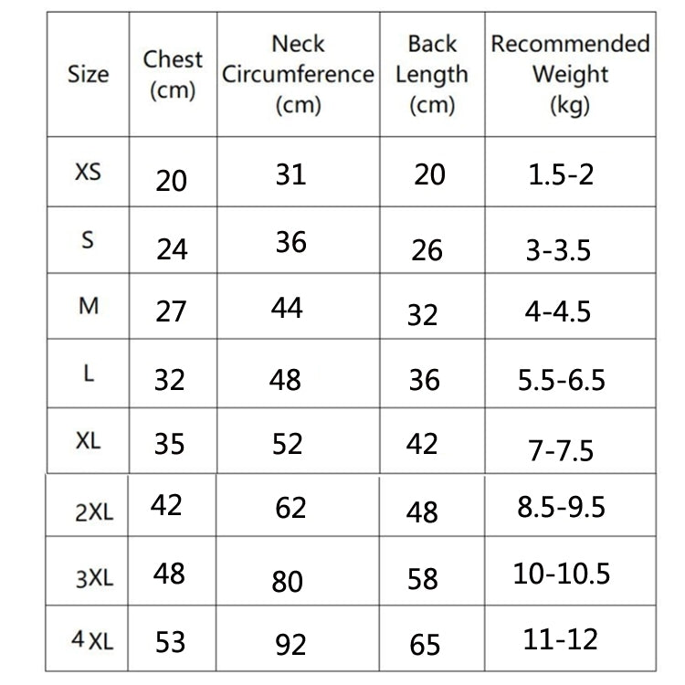 Size chart for reflective dog raincoat poncho: XS to 4XL chest, neck, back, weight