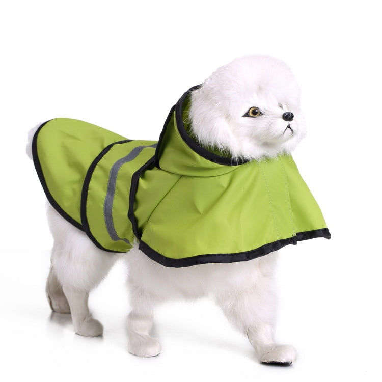 Lime green dog raincoat poncho with dark trim and reflective stripe panels