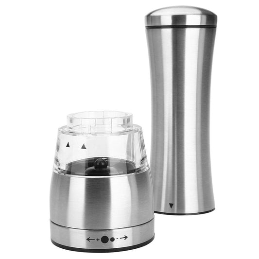 Stainless steel manual pepper grinder with clear top container and grinding base