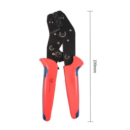 SN-28B mini crimping pliers, red handles with blue accents and black jaw