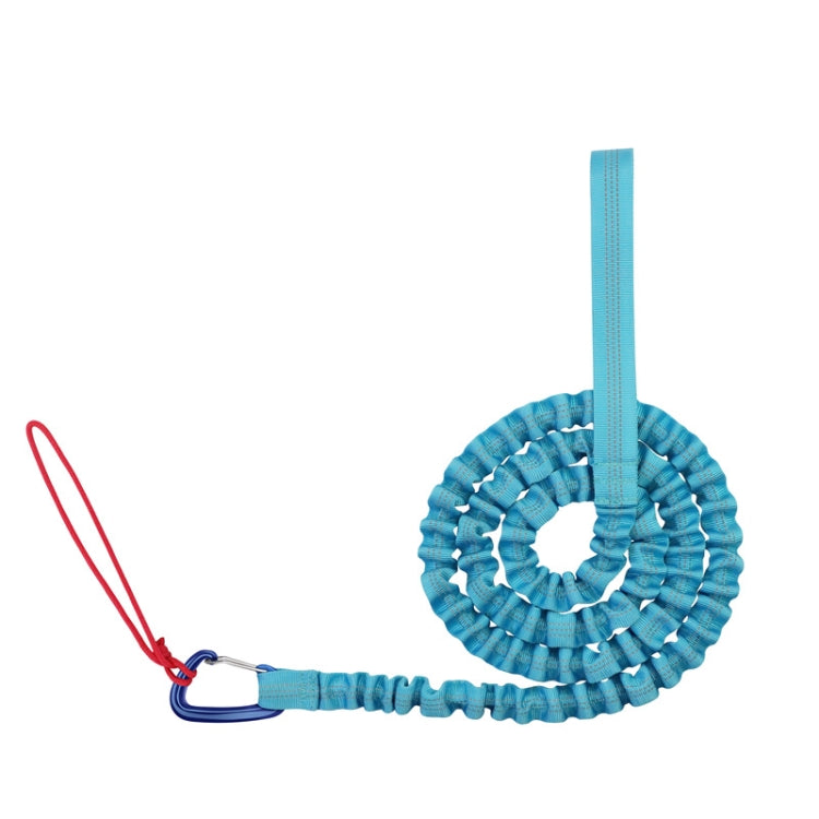 Blue coiled bicycle tow rope with loop handle and carabiner end