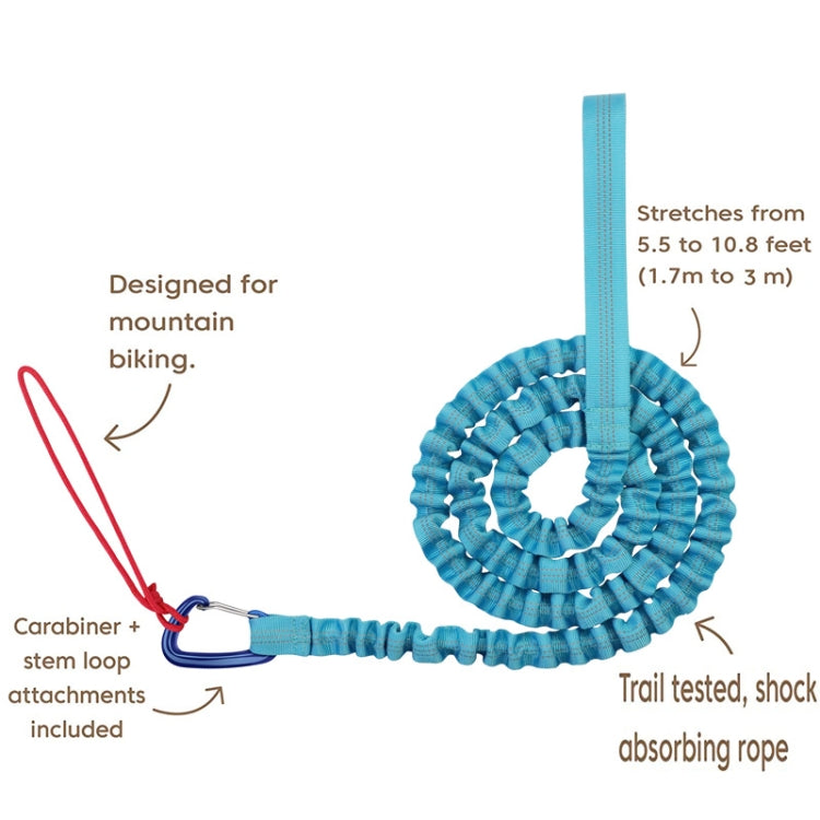 Blue bicycle tow rope with stretch coiled section and carabiner attachment